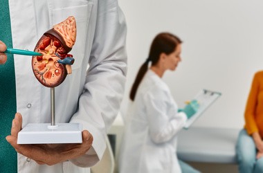 Lekarz trzymający w rękach nerkę pokazową. W tle lekarz przeprowadzający wywiad z pacjentką.