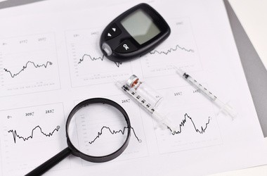 Szkło powiększające nad diagramami poziomu cukru we krwi osoby chorej na cukrzycę. Obok strzykawka, fiolka i glukometr.
