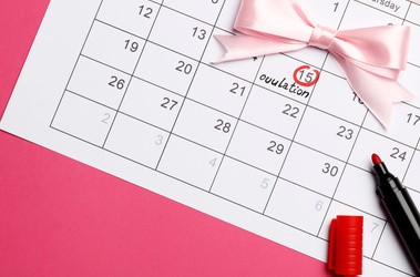 kalendarz na różowym tle z zaznaczoną w czerwonym kole datą owulacji. na kalendarzu leży różowa kokarda i czerwony pisak