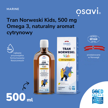 Osavi Tran Norweski Kids 500 mg Omega 3, cytrynowy, olej, 250 ml