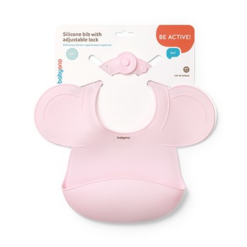 BabyOno, silikonowy śliniak z regulowanym zapięciem, różowy, 1 szt.