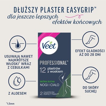 Veet Easy-Gel, plastry do depilacji z woskiem dla skóry suchej, 12 szt.
