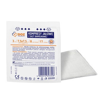DOZ PRODUCT, kompresy jałowe z gazy bawełnianej, 17-nitkowe, 8-warstwowe, 7,5 cm x 7,5 cm, 3 szt.