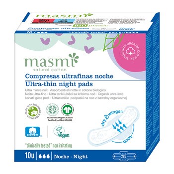 Masmi, ultracienkie bawełniane podpaski na noc ze skrzydełkami, 10 szt.