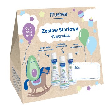Mustela Zestaw Startowy noworodka, woda oczyszczająca, 100 ml + delikatny żel do mycia, 100 ml + mleczko do ciała, 100 ml