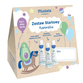 Mustela Zestaw Startowy noworodka, woda oczyszczająca, 100 ml + delikatny żel do mycia, 100 ml + mleczko do ciała, 100 ml