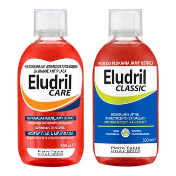Zestaw Eludril Care, płyn do codziennej higieny jamy ustnej, 500 ml + Eludril Classic, płyn do płukania jamy ustnej, 500 ml