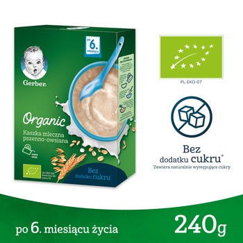 Gerber Organic, kaszka mleczna pszenno-owsiana, 6 m+, 240 g