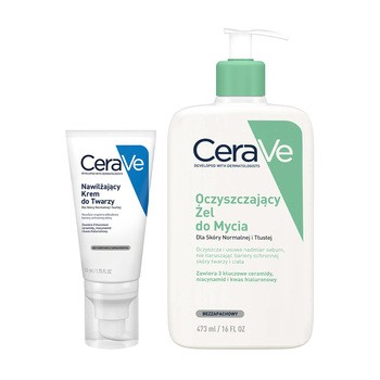 Zestaw CeraVe, oczyszczający żel do mycia z ceramidami dla skóry normalnej i tłustej, 473 ml + nawilżający krem do twarzy z ceramidami, 52 ml