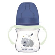 Canpol Babies Easy Start, Sleepy Koala, butelka szeroka antykolkowa ze świecącymi uchwytami, niebieska, 120 ml, 1 szt.