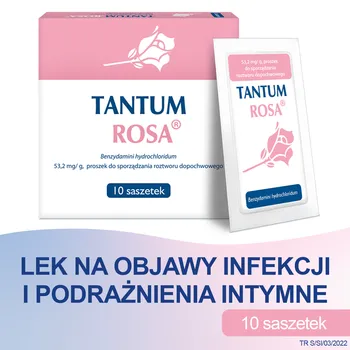 Tantum Rosa, 53,2 mg/g, proszek do sporządzania roztworu dopochwowego, 10 saszetek