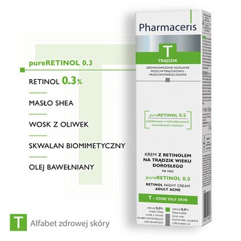 Pharmaceris T pureRetinol 0.3, krem z retinolem, na trądzik wieku dorosłego, na noc, 40 ml