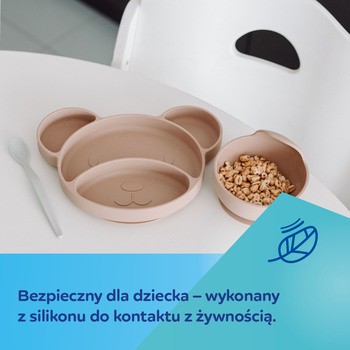 Canpol Babies, silikonowy trójdzielny talerzyk z przyssawką, Miś, kremowy, 1 szt.