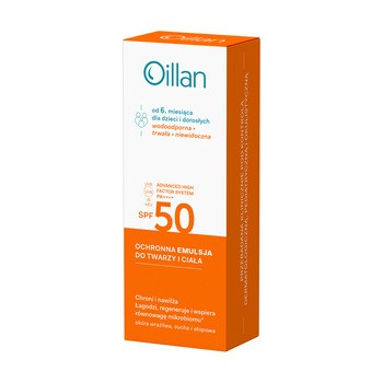 Zestaw Oillan, ochronna emulsja przeciwsłoneczna do twarzy i ciała SPF50, 100 ml + żel do mycia ciała i włosów 3 w 1, 100 ml