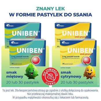 Uniben smak miętowy, 3 mg, pastylki twarde, 30 szt.