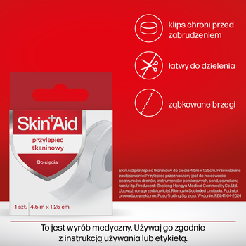 Skin Aid, przylepiec tkaninowy do cięcia, 1,25 cm x 4 m, 1 szt.