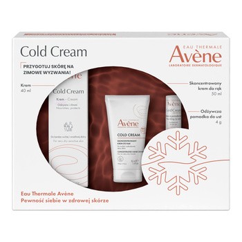 Zestaw Avene Eau Thermale Cold Cream, krem odżywczy, 40 ml + skoncentrowany krem do rąk, 50 ml + odżywcza pomadka do ust, 4 g