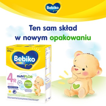 Bebiko Junior 4R NUTRIflor Expert, odżywcza formuła na bazie mleka z kleikiem ryżowym, powyżej 2. roku życia, proszek, 600 g