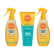 Zestaw DAX Sun, spray transparentny SPF30, 200 ml + lekki spray ochronny SPF 50, 200 ml + żel po opalaniu S.O.S. dla skóry z 10% D-Pantenol, 200 ml