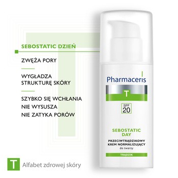 Pharmaceris T Sebostatic Dzień, przeciwtrądzikowy krem normalizujący, zwężający pory, SPF 20, 50 ml