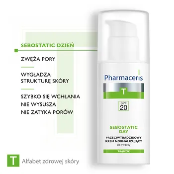 Pharmaceris T Sebostatic Dzień, przeciwtrądzikowy krem normalizujący, zwężający pory, SPF 20, 50 ml