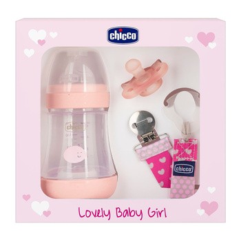 CHICCO ZESTAW DLA NOWORODKA GIRL Butelka antykolkowa Perfect5 + smoczek mini soft + tasiemka