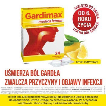 Gardimax medica lemon, 5 mg+1 mg, tabletki do ssania bez cukru, 24 szt.