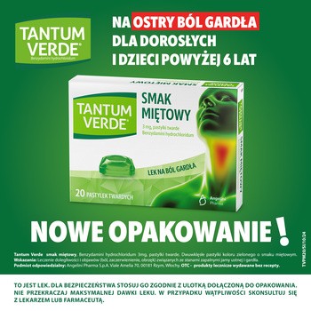 Tantum Verde smak miętowy, 3 mg, pastylki twarde, 20 szt.
