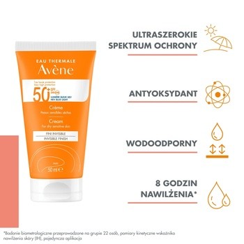 Avene Eau Thermale, krem z filtrem, skóra sucha i wrażliwa, SPF50 +, 50 ml