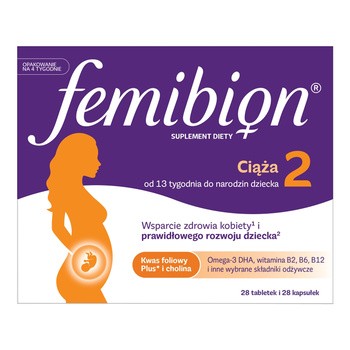 Femibion 2 Ciąża 13. - 40. tydzień Kwas Foliowy Plus, tabletki powlekane + kapsułki miękkie, 28 szt. + 28 szt.
