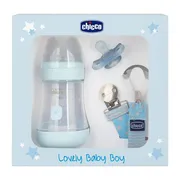 CHICCO ZESTAW DLA NOWORODKA BOY Butelka antykolkowa Perfect5 + smoczek mini soft + tasiemka