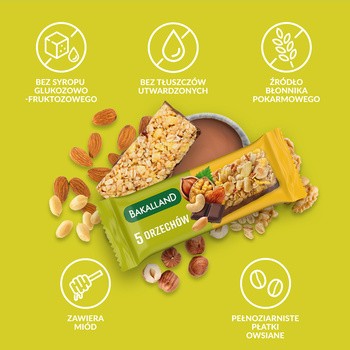 Bakalland, 5 orzechów, baton zbożowy, 40 g