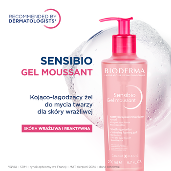 Bioderma Sensibio Gel Moussant, łagodzący żel micelarny do oczyszczania twarzy o działaniu nawilżającym, 200 ml