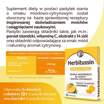 Herbitussin, pastylki do ssania, smak miód i cytryna, 12 szt.