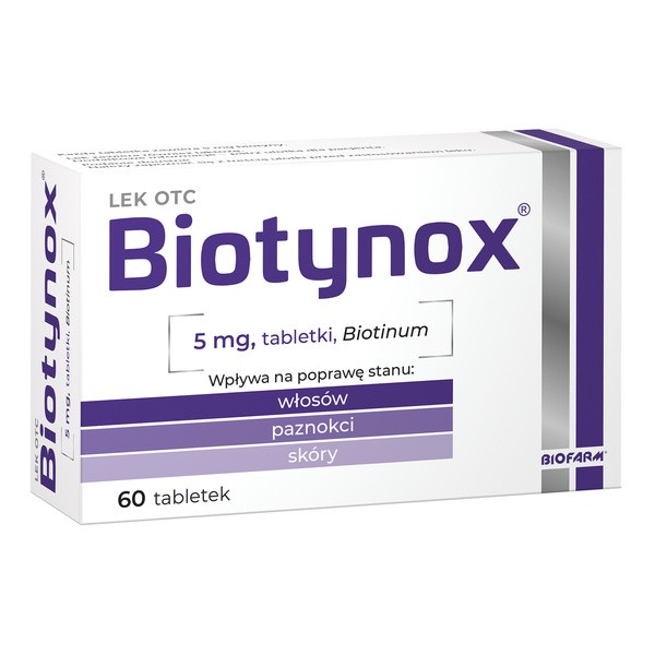 Biotynox 5mg - Biotyna na włosy, skórę i paznokcie, 60 tabletek
