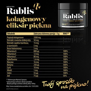 Rablis Kolagenowy eliksir piękna, proszek, smak arbuz i marakuja, 150 g