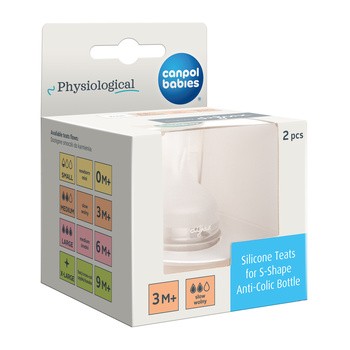 Canpol Babies, smoczek silikonowy do butelki S-Shape M (wolny), 3 m+, 2 szt.
