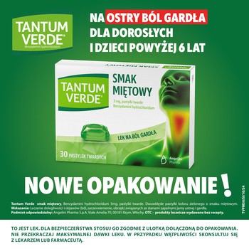 Tantum Verde smak miętowy, 3 mg, pastylki twarde, 30 szt.