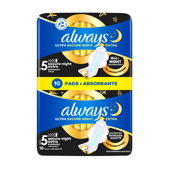 Always Ultra Secure Night Extra, podpaski ze skrzydełkami, rozmiar 5, 10 szt.