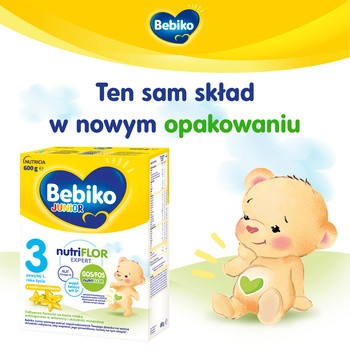 Bebiko Junior 3 NUTRIflor Expert, odżywcza formuła na bazie mleka o smaku waniliowym, powyżej 1. roku życia,  proszek, 600 g