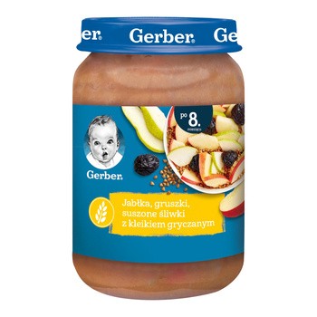 Gerber, deserek jabłka, gruszki, suszone śliwki z kleikiem gryczanym, 8 m+, 190 g