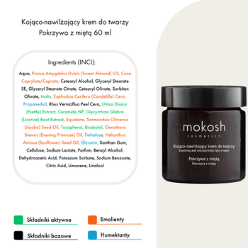 Mokosh, kojąco-nawilżający krem do twarzy, pokrzywa z miętą, 60 ml
