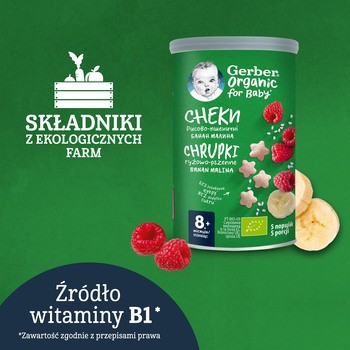 Gerber Organic, chrupki ryżowo-pszenne, banan, malina, 8 m+, 35 g