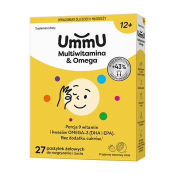 UmmU Multiwitamina&Omega 12+, pastylki żelowe do rozgryzania i żucia, smak owocowy, 27 szt.