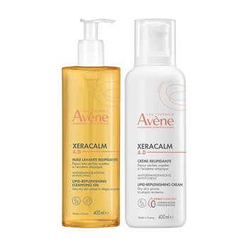 Zestaw Avene Eau Thermale Xera Calm A.D, uzupełniający lipidy olejek oczyszczający, 400 ml + krem uzupełniający lipidy, 400 ml