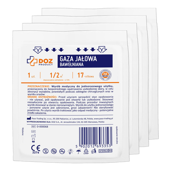Zestaw 4x DOZ PRODUCT, gaza jałowa, bawełniana, 17-nitkowa, 1/2 m2, 1 szt.