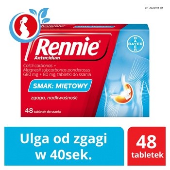 Rennie Antacidum, 680 mg+80 mg, tabletki do ssania, smak miętowy, 48 szt.