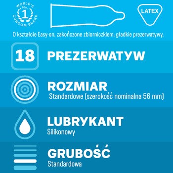 Durex Classic, prezerwatywy ze środkiem nawilżającym, 18 szt.