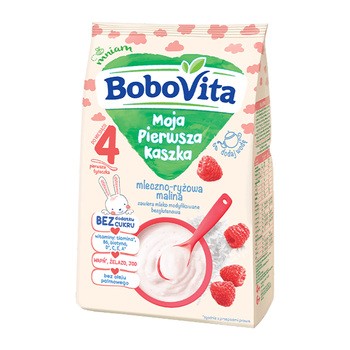BoboVita Moja Pierwsza Kaszka, kaszka mleczno-ryżowa, malina, bez cukru, 4 m+, 230 g