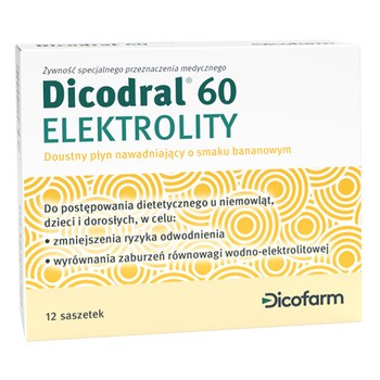 Dicodral 60, elektrolity, smak bananowy, 12 saszetek